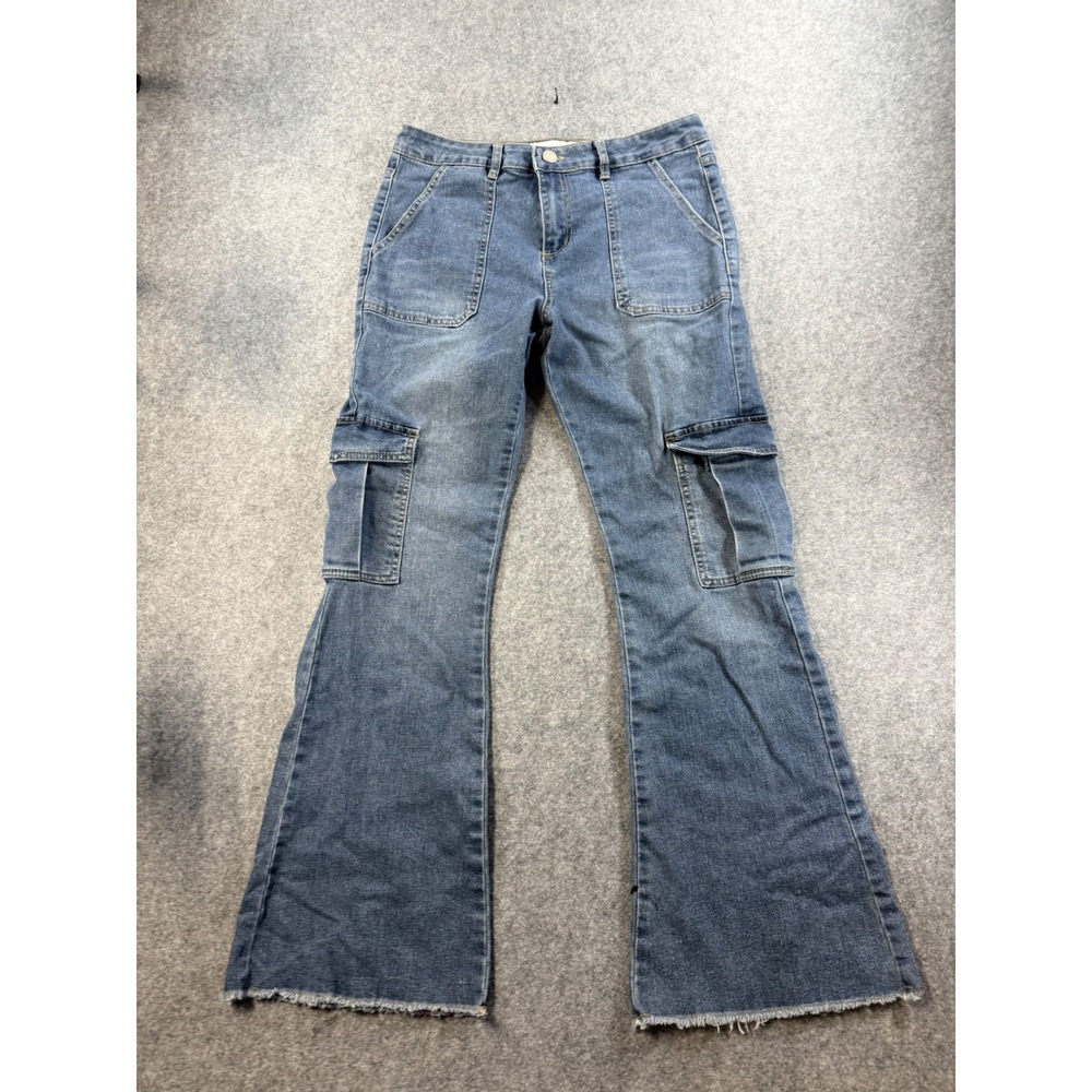 Indigo Rein Womens Cargo Flare Jeans Medium Wash Raw Hem Utility Pants 28 x 32.5